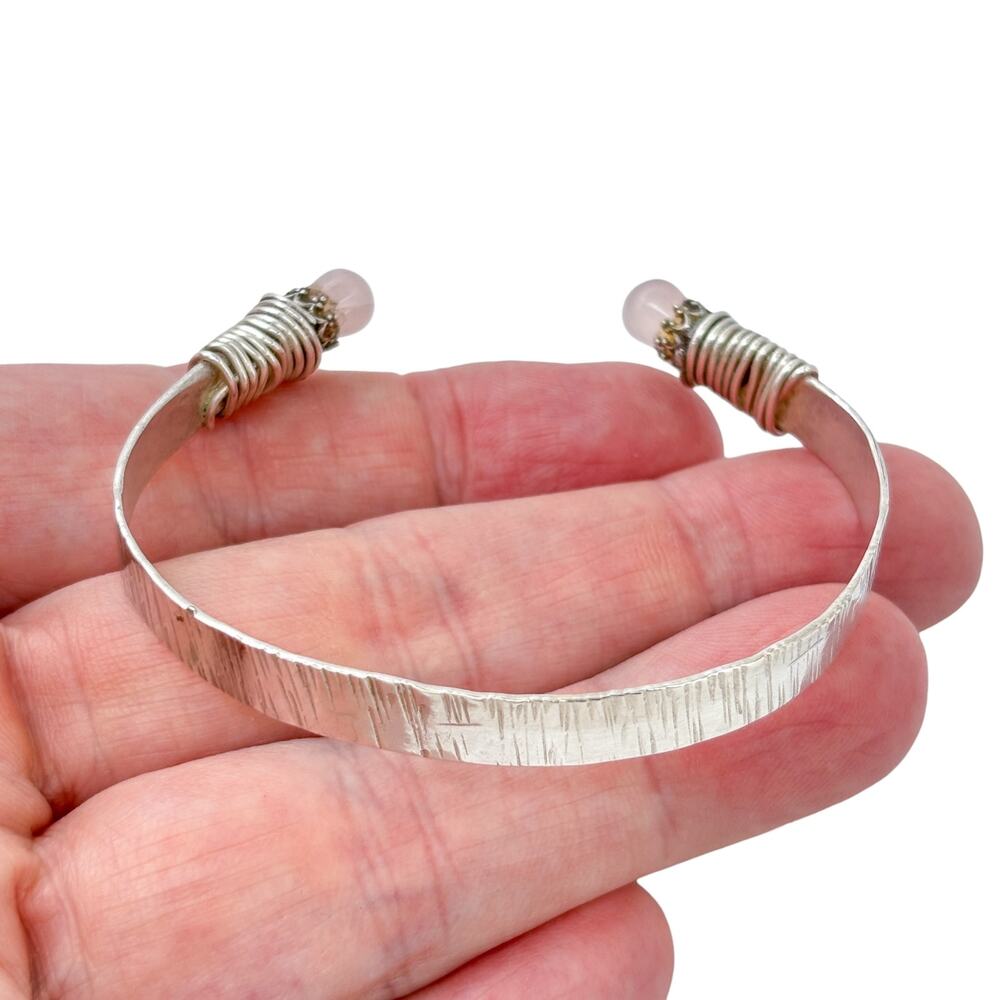Vintage Sterling Silver 925 Rose Quartz Tipped 7mm Textured Cuff Bracelet 7.25”